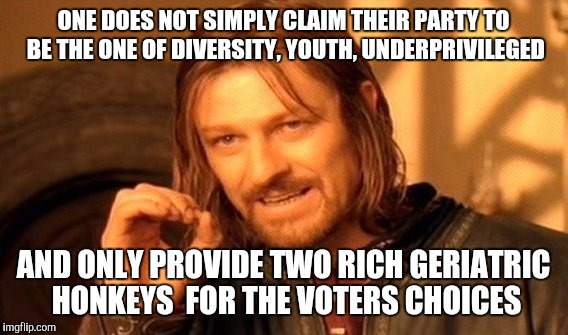 One Does Not Simply Meme | ONE DOES NOT SIMPLY CLAIM THEIR PARTY TO BE THE ONE OF DIVERSITY, YOUTH, UNDERPRIVILEGED; AND ONLY PROVIDE TWO RICH GERIATRIC HONKEYS  FOR THE VOTERS CHOICES | image tagged in memes,one does not simply | made w/ Imgflip meme maker