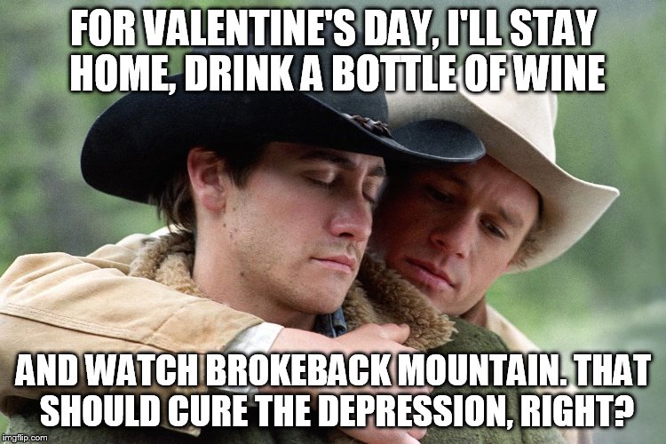 Valentine's Brokeback | FOR VALENTINE'S DAY, I'LL STAY HOME, DRINK A BOTTLE OF WINE; AND WATCH BROKEBACK MOUNTAIN. THAT SHOULD CURE THE DEPRESSION, RIGHT? | image tagged in brokeback mountain | made w/ Imgflip meme maker