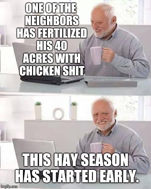 when you live in the rural south.....sometimes it just be like this | ONE OF THE NEIGHBORS HAS FERTILIZED HIS 40 ACRES WITH CHICKEN SHIT; THIS HAY SEASON HAS STARTED EARLY. | image tagged in memes,hide the pain harold | made w/ Imgflip meme maker