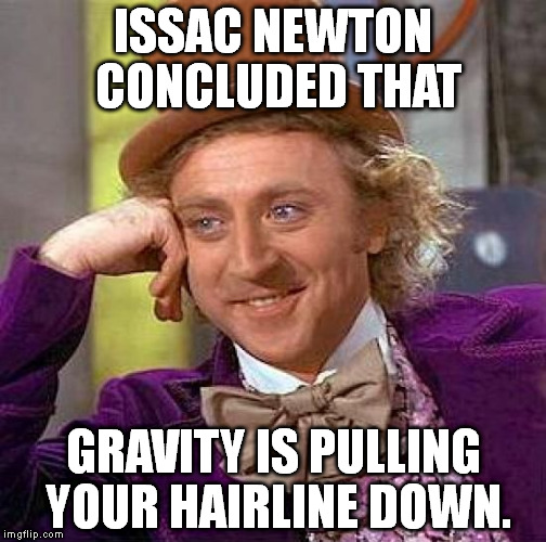 Creepy Condescending Wonka Meme | ISSAC NEWTON CONCLUDED THAT; GRAVITY IS PULLING YOUR HAIRLINE DOWN. | image tagged in memes,creepy condescending wonka | made w/ Imgflip meme maker