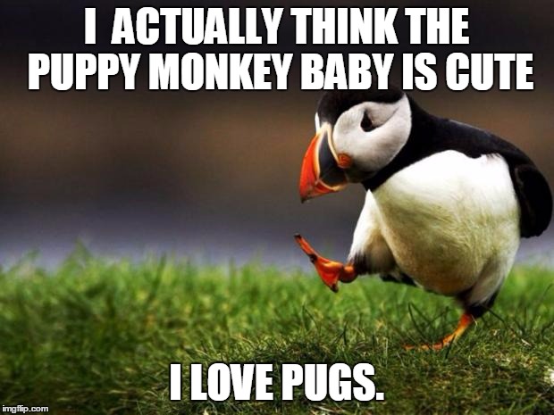 Unpopular Opinion Puffin Meme | I  ACTUALLY THINK THE PUPPY MONKEY BABY IS CUTE; I LOVE PUGS. | image tagged in memes,unpopular opinion puffin | made w/ Imgflip meme maker