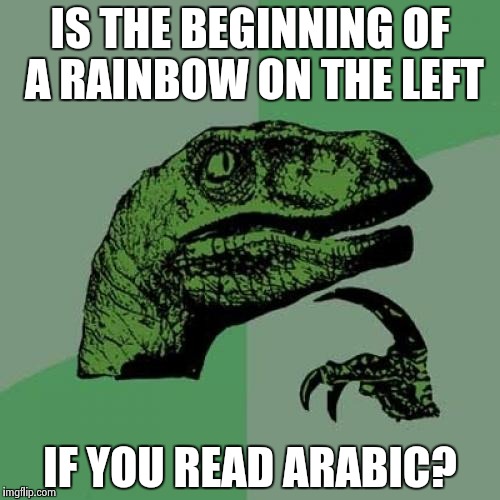 Philosoraptor Meme | IS THE BEGINNING OF A RAINBOW ON THE LEFT IF YOU READ ARABIC? | image tagged in memes,philosoraptor | made w/ Imgflip meme maker