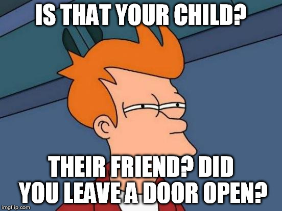 Futurama Fry Meme | IS THAT YOUR CHILD? THEIR FRIEND? DID YOU LEAVE A DOOR OPEN? | image tagged in memes,futurama fry | made w/ Imgflip meme maker
