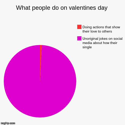 What people do on valentines day | Unoriginal jokes on social media about how their single, Doing actions that show their love to others | image tagged in funny,pie charts | made w/ Imgflip chart maker