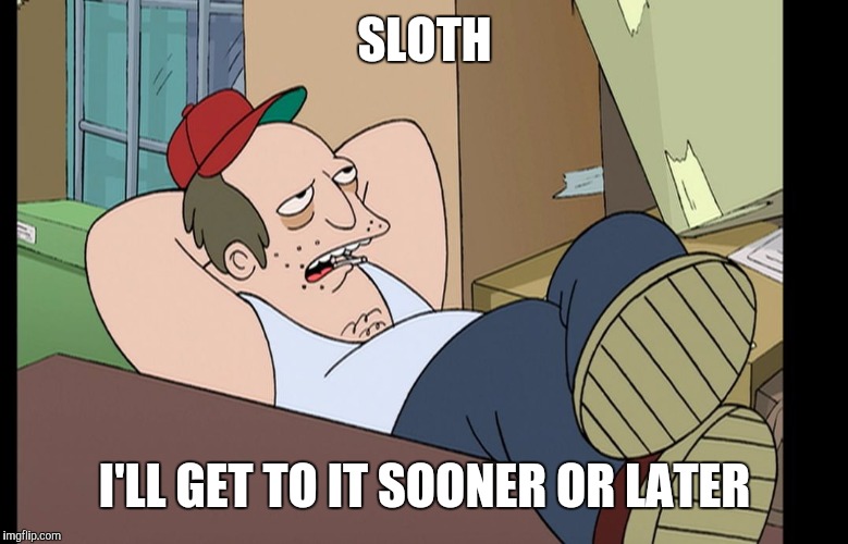 Seven deadly sins SLOTH | SLOTH; I'LL GET TO IT SOONER OR LATER | image tagged in lazy_guy,sloth,funny memes,sin,lazy | made w/ Imgflip meme maker