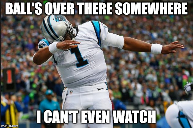 Cam Newton Dab | BALL'S OVER THERE SOMEWHERE; I CAN'T EVEN WATCH | image tagged in cam newton dab | made w/ Imgflip meme maker