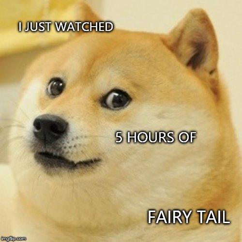 I really love fairy tail. You can tell by this meme... | I JUST WATCHED; 5 HOURS OF; FAIRY TAIL | image tagged in memes,doge | made w/ Imgflip meme maker