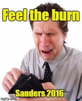 elect burnie | Feel the burn; Sanders 2016 | image tagged in no money | made w/ Imgflip meme maker
