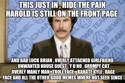 Ron Burgundy | THIS JUST IN , HIDE THE PAIN HAROLD IS STILL ON THE FRONT PAGE; AND BAD LUCK BRIAN , OVERLY ATTACHED GIRLFRIEND , UNWANTED HOUSE GUEST , Y U NO , GRUMPY CAT ,OVERLY MANLY MAN , TROLL FACE ,  KARATE KYLE , RAGE FACE AND ALL THE OTHER GOOD MEMES WHERE NOT SEEN SINCE | image tagged in memes,ron burgundy | made w/ Imgflip meme maker