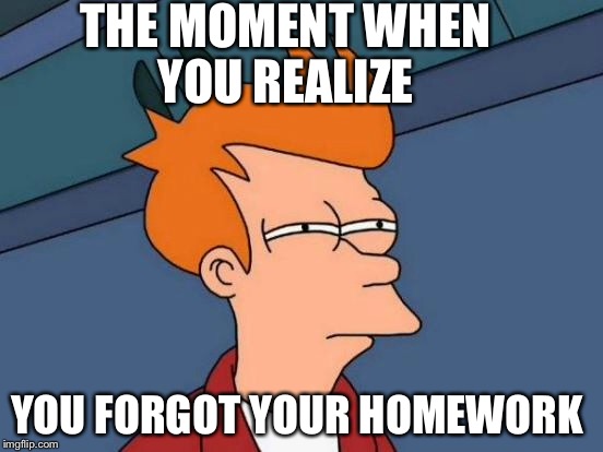 Futurama Fry Meme | THE MOMENT WHEN YOU REALIZE; YOU FORGOT YOUR HOMEWORK | image tagged in memes,futurama fry | made w/ Imgflip meme maker