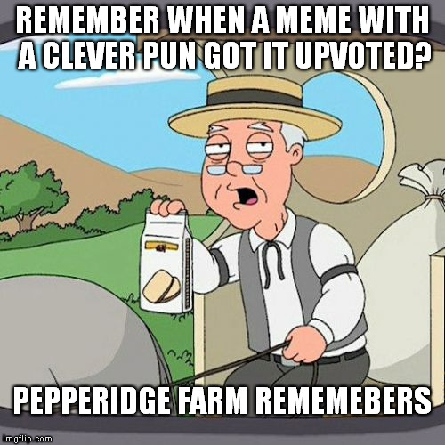 Remember when memes with clever puns got upvoted? | REMEMBER WHEN A MEME WITH A CLEVER PUN GOT IT UPVOTED? PEPPERIDGE FARM REMEMEBERS | image tagged in memes,pepperidge farm remembers,pun | made w/ Imgflip meme maker