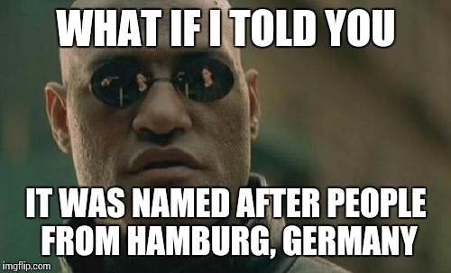 Matrix Morpheus Meme | WHAT IF I TOLD YOU IT WAS NAMED AFTER PEOPLE FROM HAMBURG, GERMANY | image tagged in memes,matrix morpheus | made w/ Imgflip meme maker
