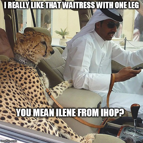 Meanwhile, in Dubai | I REALLY LIKE THAT WAITRESS WITH ONE LEG; YOU MEAN ILENE FROM IHOP? | image tagged in cats,waitress,dubai,funny cats | made w/ Imgflip meme maker