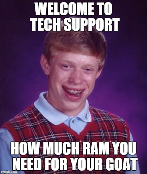 Bad Luck Brian | WELCOME TO TECH SUPPORT; HOW MUCH RAM YOU NEED FOR YOUR GOAT | image tagged in memes,bad luck brian | made w/ Imgflip meme maker