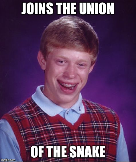 Bad Luck Brian Meme | JOINS THE UNION OF THE SNAKE | image tagged in memes,bad luck brian | made w/ Imgflip meme maker