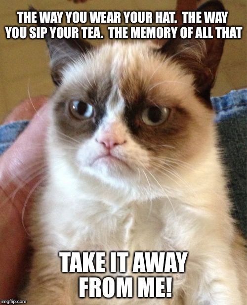 Grumpy Cat Meme | THE WAY YOU WEAR YOUR HAT.  THE WAY YOU SIP YOUR TEA.  THE MEMORY OF ALL THAT; TAKE IT AWAY FROM ME! | image tagged in memes,grumpy cat | made w/ Imgflip meme maker