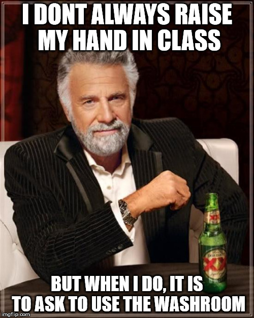 Troll Student | I DONT ALWAYS RAISE MY HAND IN CLASS; BUT WHEN I DO, IT IS TO ASK TO USE THE WASHROOM | image tagged in memes,the most interesting man in the world,troll,student,savage | made w/ Imgflip meme maker