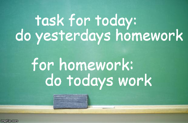 blank chalkboard | task for today:      do yesterdays homework; for homework:       do todays work | image tagged in blank chalkboard | made w/ Imgflip meme maker
