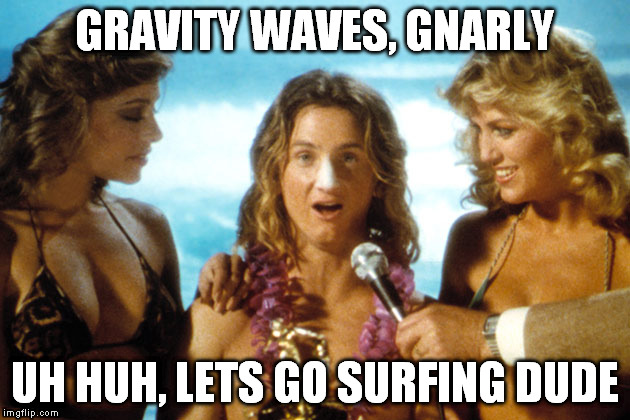 science | GRAVITY WAVES, GNARLY; UH HUH, LETS GO SURFING DUDE | image tagged in surfing,science | made w/ Imgflip meme maker