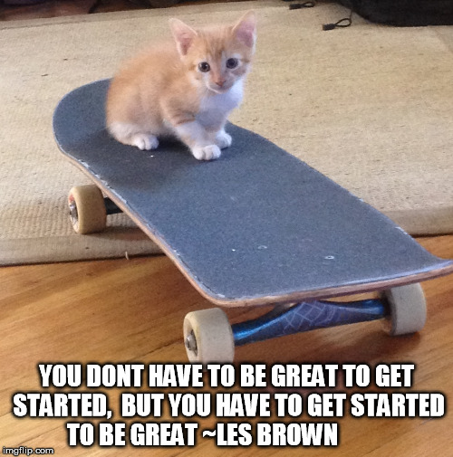 confidence kitty skateboard  | YOU DONT HAVE TO BE GREAT TO GET STARTED, 
BUT YOU HAVE TO GET STARTED TO BE GREAT
~LES BROWN | image tagged in confidence kitty skateboard | made w/ Imgflip meme maker
