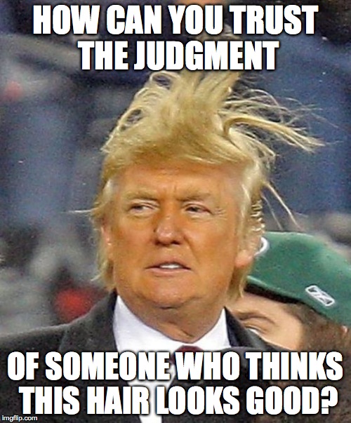 Donald Trumph hair | HOW CAN YOU TRUST THE JUDGMENT; OF SOMEONE WHO THINKS THIS HAIR LOOKS GOOD? | image tagged in donald trumph hair | made w/ Imgflip meme maker