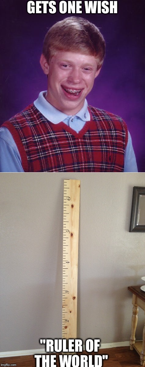 Bad luck brian | GETS ONE WISH; "RULER OF THE WORLD" | image tagged in ruler,bad luck brian | made w/ Imgflip meme maker