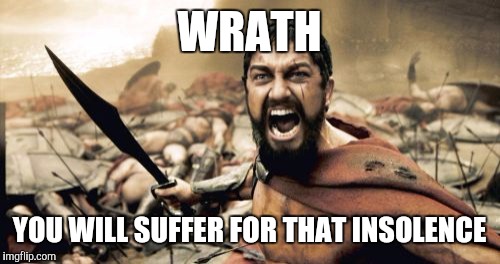 Seven deadly sins WRATH | WRATH; YOU WILL SUFFER FOR THAT INSOLENCE | image tagged in memes,sparta leonidas,sin | made w/ Imgflip meme maker
