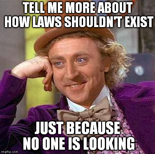 Creepy Condescending Wonka Meme | TELL ME MORE ABOUT HOW LAWS SHOULDN'T EXIST JUST BECAUSE NO ONE IS LOOKING | image tagged in memes,creepy condescending wonka | made w/ Imgflip meme maker