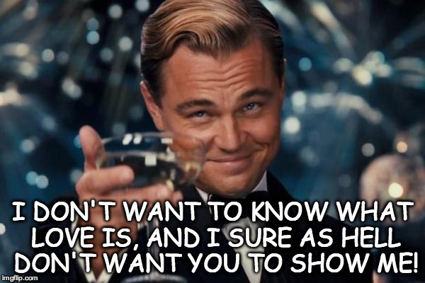 Leonardo Dicaprio Cheers | I DON'T WANT TO KNOW WHAT LOVE IS, AND I SURE AS HELL DON'T WANT YOU TO SHOW ME! | image tagged in memes,leonardo dicaprio cheers | made w/ Imgflip meme maker
