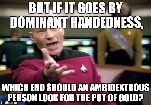Picard Wtf Meme | BUT IF IT GOES BY DOMINANT HANDEDNESS, WHICH END SHOULD AN AMBIDEXTROUS PERSON LOOK FOR THE POT OF GOLD? | image tagged in memes,picard wtf | made w/ Imgflip meme maker