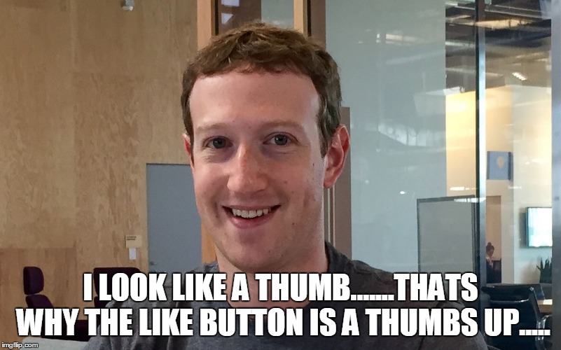 I LOOK LIKE A THUMB.......THATS WHY THE LIKE BUTTON IS A THUMBS UP..... | image tagged in zuckerberg facebook | made w/ Imgflip meme maker