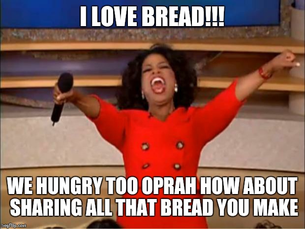 Oprah You Get A Meme | I LOVE BREAD!!! WE HUNGRY TOO OPRAH HOW ABOUT SHARING ALL THAT BREAD YOU MAKE | image tagged in memes,oprah you get a | made w/ Imgflip meme maker