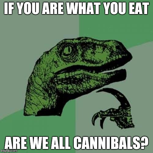 Philosoraptor | IF YOU ARE WHAT YOU EAT; ARE WE ALL CANNIBALS? | image tagged in memes,philosoraptor | made w/ Imgflip meme maker