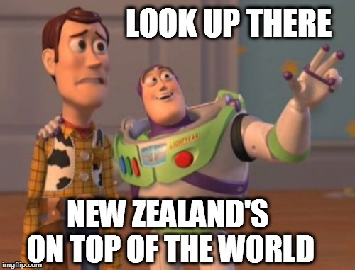 X, X Everywhere Meme | LOOK UP THERE NEW ZEALAND'S ON TOP OF THE WORLD | image tagged in memes,x x everywhere | made w/ Imgflip meme maker