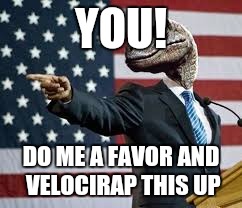President Raptor | YOU! DO ME A FAVOR AND VELOCIRAP THIS UP | image tagged in president raptor | made w/ Imgflip meme maker