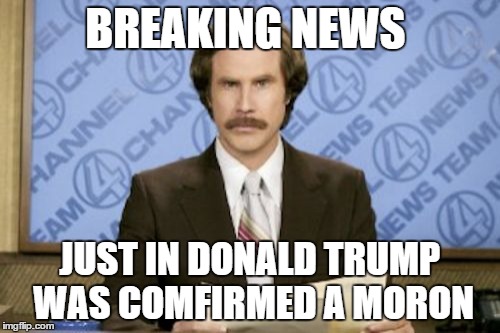 Useless meme is useless | BREAKING NEWS; JUST IN DONALD TRUMP WAS COMFIRMED A MORON | image tagged in memes,ron burgundy | made w/ Imgflip meme maker