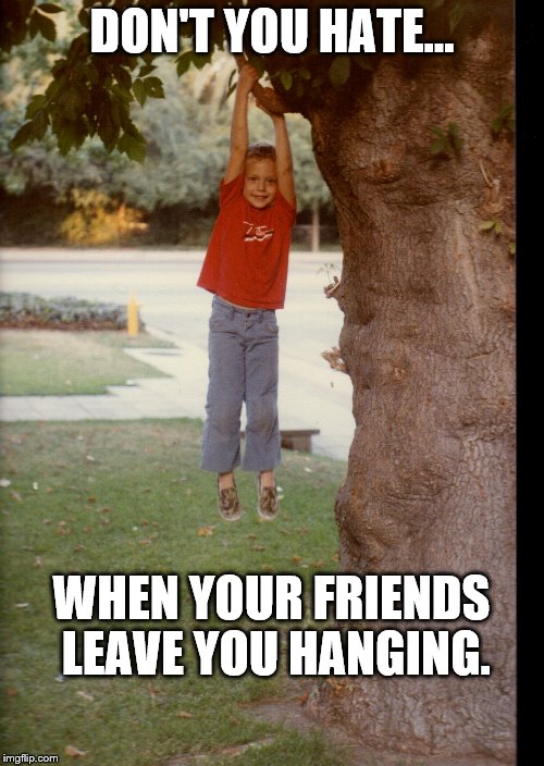 Leave me hanging | DON'T YOU HATE... WHEN YOUR FRIENDS LEAVE YOU HANGING. | image tagged in friends,leave,hang in there | made w/ Imgflip meme maker