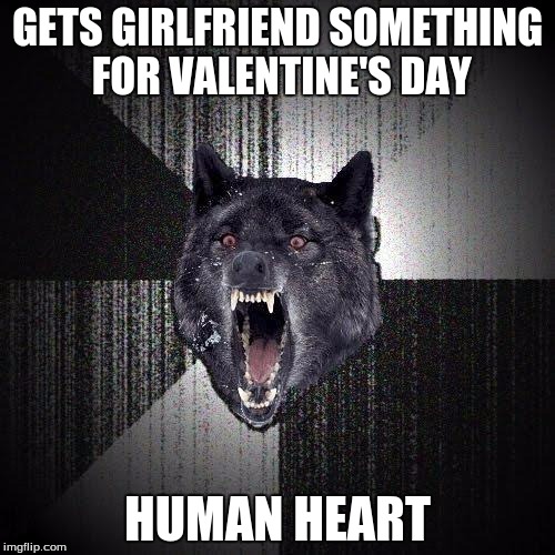 Because chocolate is poison to dogs. | GETS GIRLFRIEND SOMETHING FOR VALENTINE'S DAY; HUMAN HEART | image tagged in memes,insanity wolf,valentine's day,girlfriend,heart | made w/ Imgflip meme maker