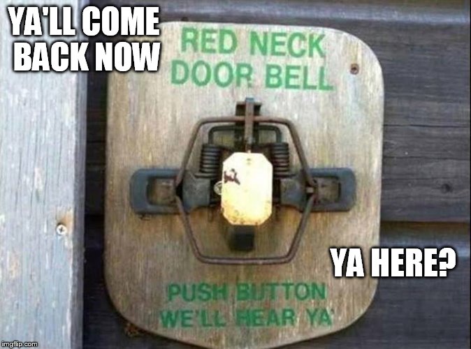 Wheeeeeeeee doggieeee |  YA'LL COME BACK NOW; YA HERE? | image tagged in redneck doorbell,memes,funny,doorbell | made w/ Imgflip meme maker