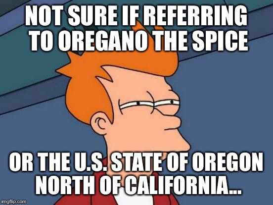 Futurama Fry Meme | NOT SURE IF REFERRING TO OREGANO THE SPICE OR THE U.S. STATE OF OREGON NORTH OF CALIFORNIA... | image tagged in memes,futurama fry | made w/ Imgflip meme maker