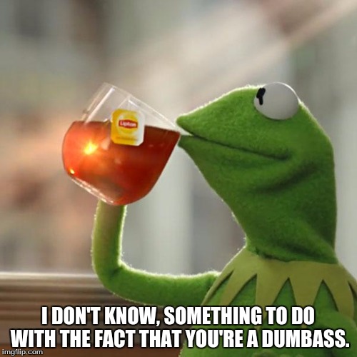 But That's None Of My Business Meme | I DON'T KNOW, SOMETHING TO DO WITH THE FACT THAT YOU'RE A DUMBASS. | image tagged in memes,but thats none of my business,kermit the frog | made w/ Imgflip meme maker