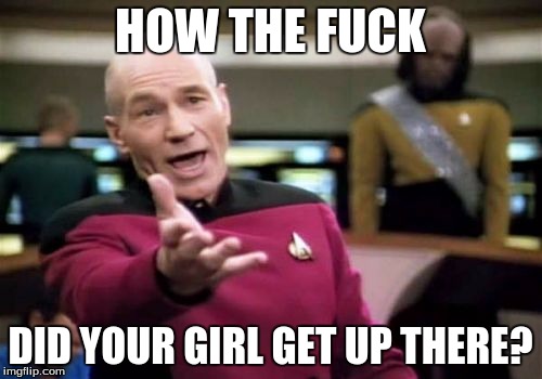 Picard Wtf Meme | HOW THE F**K DID YOUR GIRL GET UP THERE? | image tagged in memes,picard wtf | made w/ Imgflip meme maker