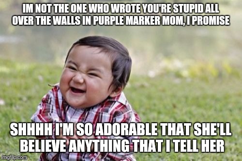 Evil Toddler Meme |  IM NOT THE ONE WHO WROTE YOU'RE STUPID ALL OVER THE WALLS IN PURPLE MARKER MOM, I PROMISE; SHHHH I'M SO ADORABLE THAT SHE'LL BELIEVE ANYTHING THAT I TELL HER | image tagged in memes,evil toddler | made w/ Imgflip meme maker