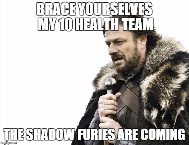 Brace Yourselves X is Coming Meme | BRACE YOURSELVES MY 10 HEALTH TEAM; THE SHADOW FURIES ARE COMING | image tagged in memes,brace yourselves x is coming | made w/ Imgflip meme maker