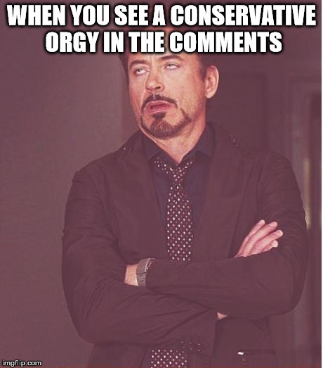 Face You Make Robert Downey Jr Meme | WHEN YOU SEE A CONSERVATIVE ORGY IN THE COMMENTS | image tagged in memes,face you make robert downey jr | made w/ Imgflip meme maker