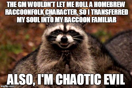 Chaotic Evil Raccoon Familiar | THE GM WOULDN'T LET ME ROLL A HOMEBREW RACCOONFOLK CHARACTER, SO I TRANSFERRED MY SOUL INTO MY RACCOON FAMILIAR; ALSO, I'M CHAOTIC EVIL | image tagged in memes,evil plotting raccoon | made w/ Imgflip meme maker