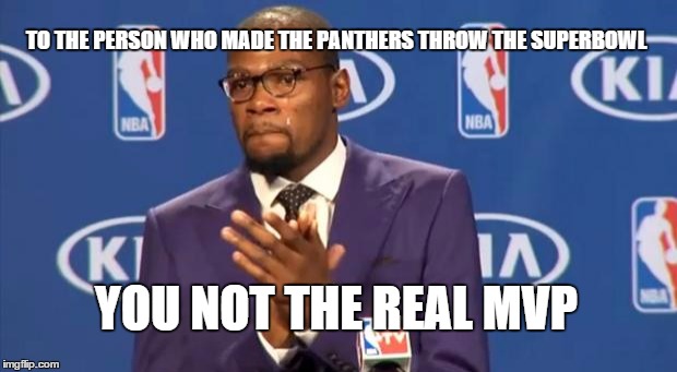 You The Real MVP | TO THE PERSON WHO MADE THE PANTHERS THROW THE SUPERBOWL; YOU NOT THE REAL MVP | image tagged in memes,you the real mvp | made w/ Imgflip meme maker