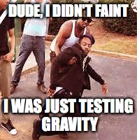 faintbruh | DUDE, I DIDN'T FAINT; I WAS JUST TESTING GRAVITY | image tagged in faintbruh | made w/ Imgflip meme maker