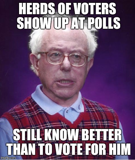 Bad Luck Bernie | HERDS OF VOTERS SHOW UP AT POLLS STILL KNOW BETTER THAN TO VOTE FOR HIM | image tagged in bad luck bernie | made w/ Imgflip meme maker