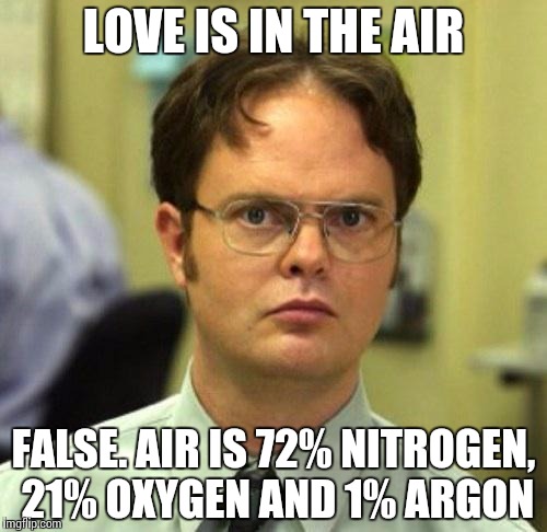 I know it has been done, but I thought it related well to today | LOVE IS IN THE AIR; FALSE. AIR IS 72% NITROGEN, 21% OXYGEN AND 1% ARGON | image tagged in false | made w/ Imgflip meme maker